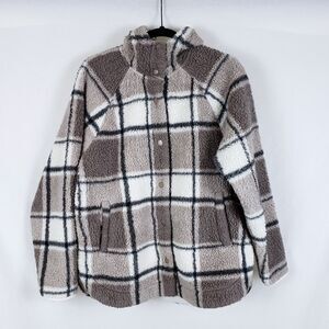 Z Supply Windowpane Plaid Fleece Jacket Oversized Womens S Gray Snap Front